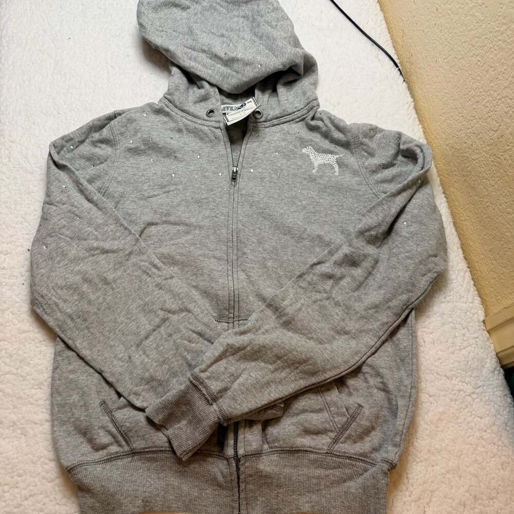 Pink VS Pink Love Sequins Full Zip Gray Hoodie XS